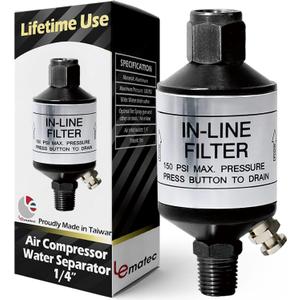 LE LEMATEC Air Compressor Water Separator, 1/4 NPT Inline Filter & Moisture Trap for Pneumatic Tools, HVLP Spray Paint Gun & Airbrush, Durable Compressed Air Dryer with Easy Drain Valve, AI303
