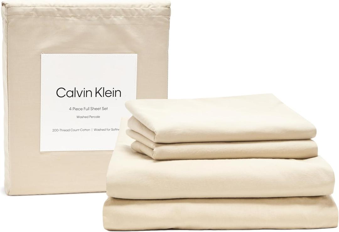 Calvin Klein - Full Bed Sheets, Relaxed Garment Washed Cotton Percale Bedding Set with Matching Pillowcases, Deep Pockets, Oeko-Tex Certified (Washed Percale Green)