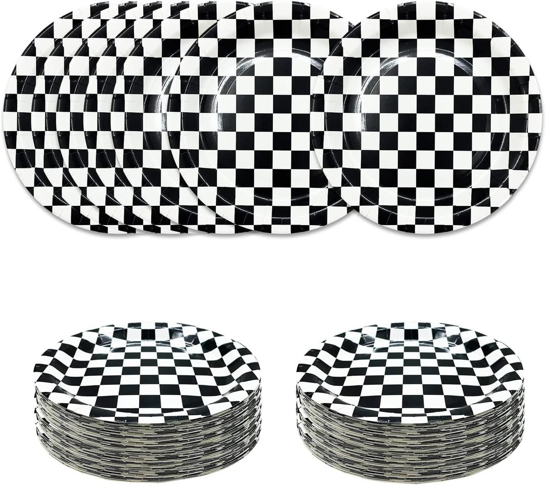 SietDESEO 50 PCS Race Car Dessert Plates 7 Inch Black and White Checkered Paper Plates Dinner Plates for Racing Theme Party Birthday Baby Shower Decoration Disposable Party Plates