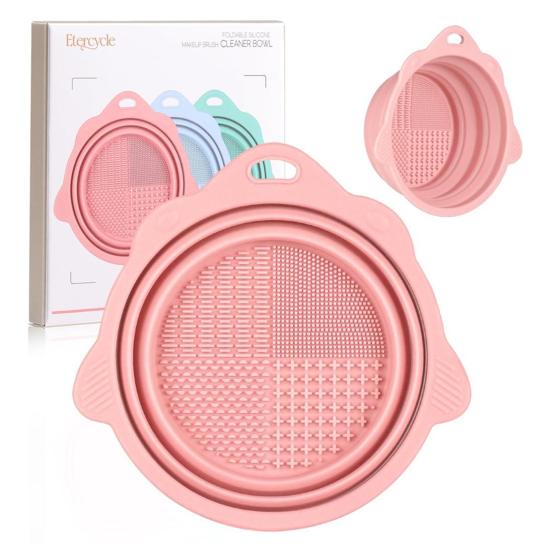 Foldable Silicone Makeup Brush Cleaner Bowl - Etercycle Portable Cleaning Tool for Brushes, Powder Puffs, and Sponges (Pink)