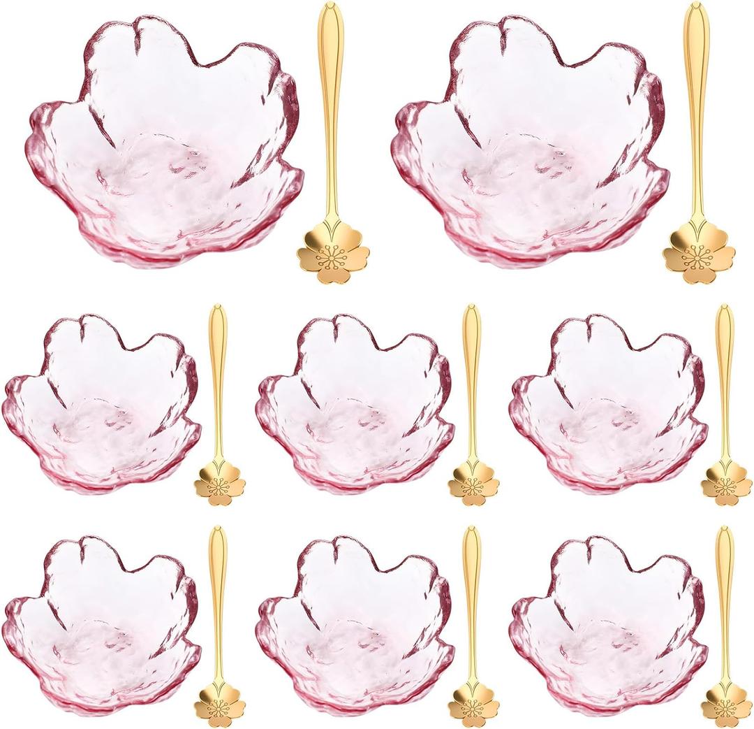 Set of 8 Pink Cherry Blossom Glass Bowls with Flower Spoons, Sakura Sauce Dishes Seasoning Little Bowl Japanese Flower Crystal Glass Appetizer Plates for Dipping Ice Cream (Classic)