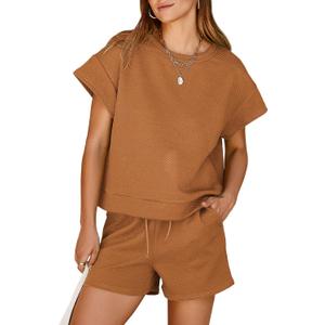 Dokotoo Women's 2 Piece Outfits Sweatsuit Casual Short Sleeve Pullover Tops and Drawstring Shorts Pants Lounge Sets (M)