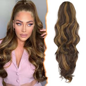 BARSDAR Claw Clip Ponytail Extension - 20 Inch Wavy Highlight Ponytail Hair Extensions for Women - Synthetic Claw Clip in Pony Tail Hairpieces Daily - Brown & Auburn