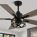 52" Farmhouse Ceiling Fan with Lights and Remote, Ceiling Fan with Caged Rustic Light Fixture, Reversible DC Motor,5 Double Finish Wood Blades for Patio, Living Room, Dining Room, Bedroom (Black-MD-FS8962)