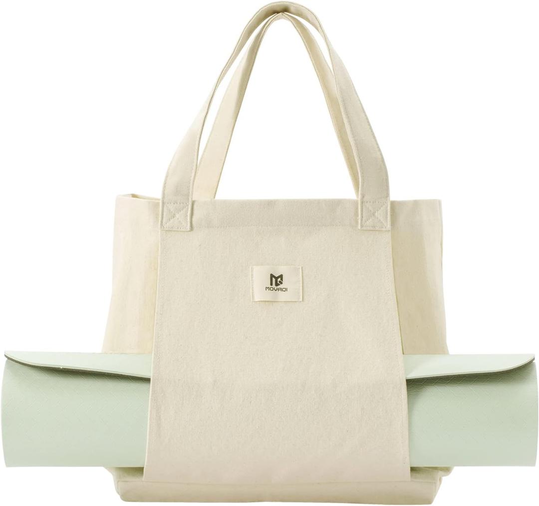 Moyaqi Canvas Tote Bag with Yoga Mat Carrier Pocket Carryall Shoulder Bag for Office, Workout, Pilates, Travel, Beach and Gym (Beige)