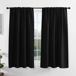 PONY DANCE Kitchen Window Curtains Over Sink, Short Blackout Bathroom Window Curtains, Thermal Insulated Rod Pocket Home Decor Drapes for Bedroom Small Window(2 Panels Set, Black, 42" W x 45" L)