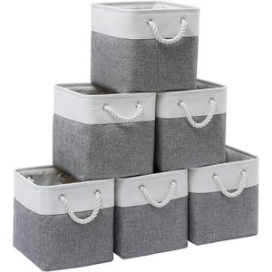 11 x 11 Inch Cube Storage Bins, 6 Pack Large Collapsible Fabric Storage Bin with Ropes, Foldable Storage Cubes for Home, Office, Closet, Clothes, Toys Organizer, White & Grey-11"x11"x11" 