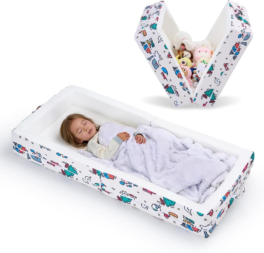 Umoving Portable Foldable Toddler Travel Bed Air Layer Fabric Soft Foam Floor Crib with Safety Rails, No Assembly, Washable Cover, Compact Kids Sleep Solution for Home, Trips & Daycare, Cream  49" x 20" x 4.5"