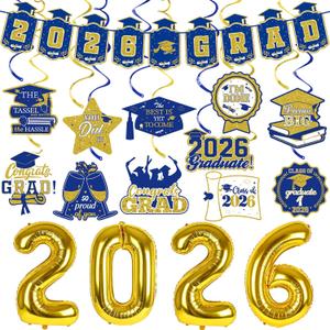 Blue and Gold 2026 Graduation Decorations Set - 2026 Grad Banner, Grad Hanging Swirls and 2026 Foil Balloons for College High School 2026 Graduation Party Decorations Blue and Gold