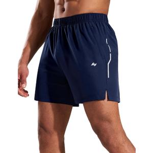 MIER Mens 5 Inch Athletic Running Shorts Quick Dry Lightweight Workout Gym Training Active Reflective Shorts,3 Zipper Pockets (Blue, M)