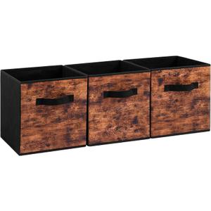 Stero Fabric Storage Cubes, 3 Pack Foldable Storage Bins with Handle, 11 Inch Storage Baskets Box for Shelves, Closet, Organizer, Rustic Brown and Black