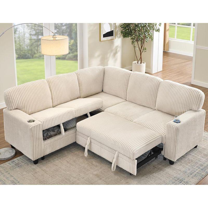 KEIKI 81" L-Shaped Oversized Corduroy Modular Sectional Sleeper Sofa with Pull-Out Bed, Storage Seat, Modern 5-Seater Upholstered Couch Bed with Charging Station, Easy Assembly, for Living Room, Beige