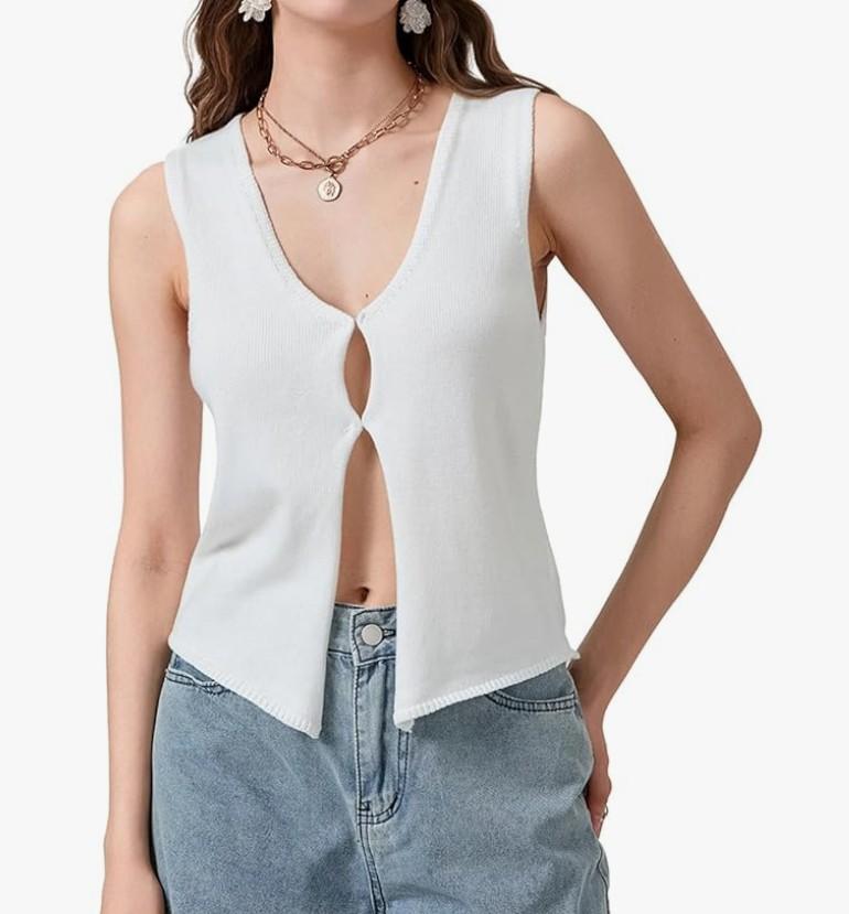 Womens Knit Sweater Vest Button Front V Neck Sleeveless Y2k Crochet Vest Top Summer Going Out Crop Tank Top, S