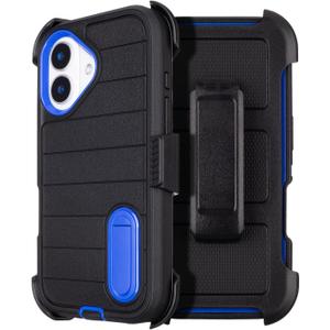 for Rugged iPhone 16 Case with Belt Clip Holster, Military Grade Heavy Duty Shockproof Cover for iPhone16 Case Protective with Stand 6.1 Inch (Black+Blue)