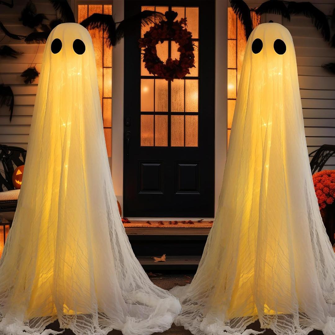 Weysat 2 PCS Light Up Ghost Outdoor 70'' Large Halloween Decorations Spooky Standing Ghost Decor Halloween Gauze Decorations for Front Porch Yard Garden Yard Patio Lawn Party