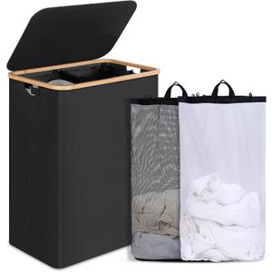 efluky Double Laundry Hamper with Lid, Divided Laundry Hamper with Removable Bags, 2 Section Dirty Clothes Basket with Handles for Bathroom, Bedroom & Laundry Room, 160L Black