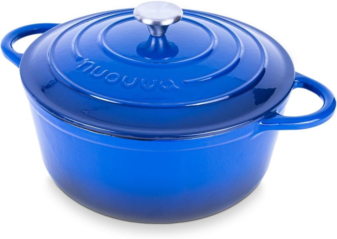Nuovva Enamelled Cast Iron Dutch Oven Pot with Lid 6.4 Quart Non Stick Casserole Pot Heavy Duty & Oven Safe up to 500 F for Bread Baking, Braising, Stews, Roasting 28cm Dark Blue