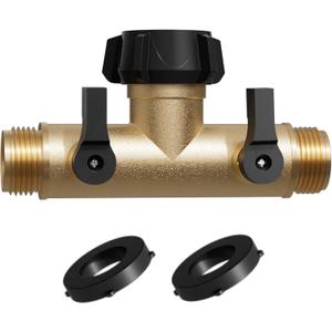 YANWOO Garden Hose Splitter, Heavy Duty Metal 180 Degree T Type with Shut-Off Valves, 3/4" High Flow Spigot Faucet Connectors with 2 Extra Silicone Washers