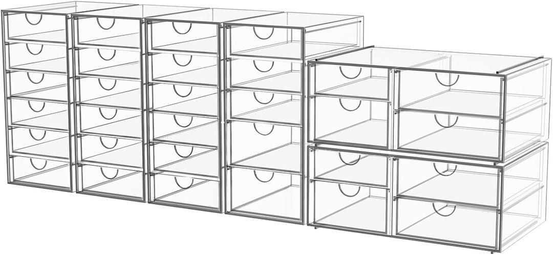 YFXCVSL Acrylic Makeup Organizer with 31 Drawers, 6 Pack Clear Storage Drawers, Bathroom Makeup Organizer for Palettes, Cosmetic, and Beauty Supplies, Ideal for Vanity, Cabinet, Desk Organization