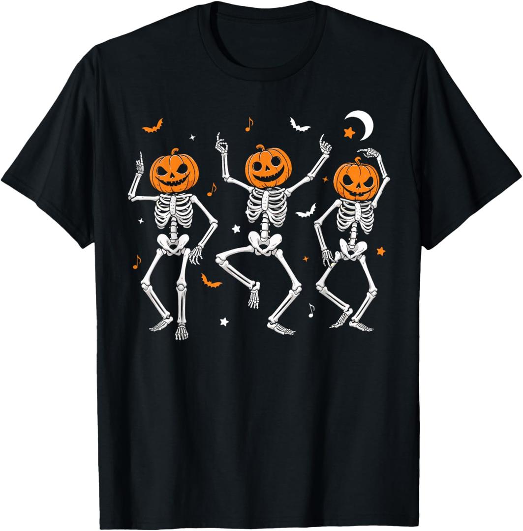 Spooky Dancing Pumpkin Head Skeletons Dance Funny Halloween T-Shirt, Large, Black 