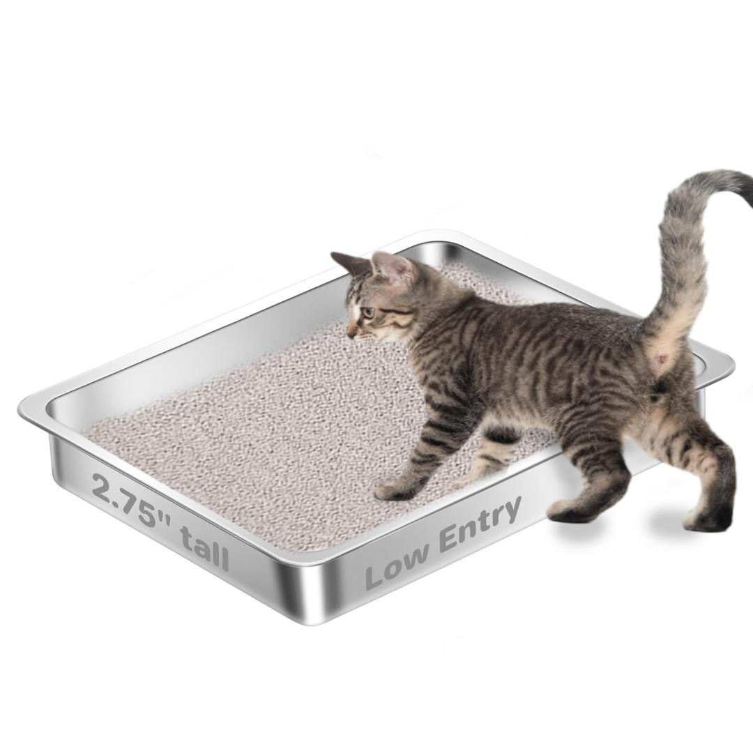 Amibud Low Entry Stainless Steel Cat Litter Box for Kittens, Metal Kitty Shallow Litter Box, Easy Access Kitty Litter Pan Tray, Easy Cleaning -17.72'' Lx 13.78'' W x 2.76'' H