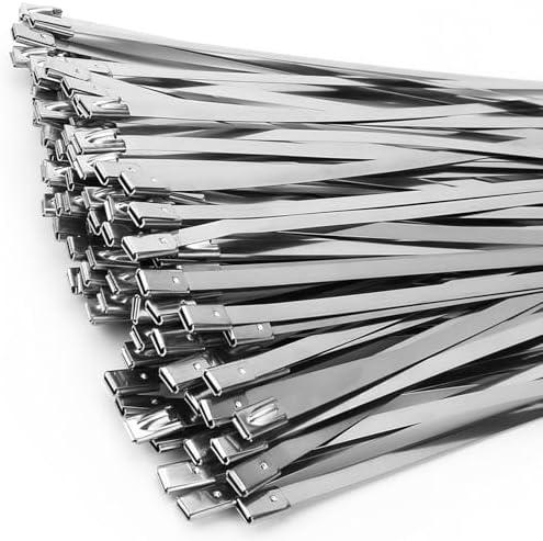 Metal Zip Ties of 100 Pcs, 8 IN 304 Stainless Steel Cable Ties, Heavy Duty Metal Zip Ties for Exhaust Wrap, Heat Resistant Fencing Ties. for Pipe, Auto repair. L/8”(200mm) W/0.18”(4.6mm)