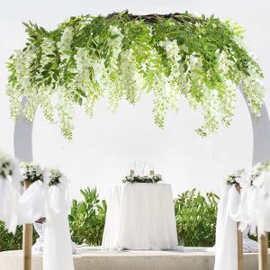 Giegxin 1 Pack 55" Cream Artificial Silk Wisteria Vine Round Hanging Canopy Draping Garland Flower Chandelier with Interchangeable Branches Wisteria Hanging Flowers for Wedding Party Decoration Supply