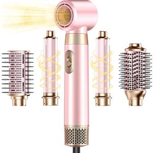 5 in 1 Blow Dryer Brush Set, Upgrade Hair Dryer & Blow Dryer Brush & Air Curling Wrap & Paddle Brush, Detachable Hot Air Brush Styling Tools, High Speed Travel Hair Volumizer Straightener Curler Pink