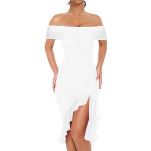BORIFLORS Women's Sexy Off The Shoulder Bodycon Midi Dresses Elegant Ruched Ruffle Hem Cocktail Party Dress (Large, *White)