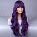 Dark Purple Long Curly Wavy Hair Wig for Women With Bangs Purple Wig Heat Resistant Synthetic Hair Wigs for Daily Use Cosplay Wig With Wig Cap