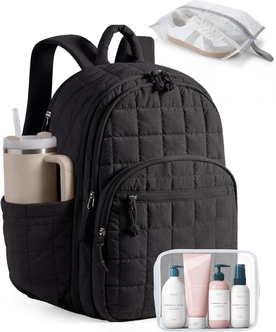 BAGSMART College Laptop Backpack, Travel Backpack for Women, Quilted Airline Approved Carry On Backpack Fits 17.3 Inch Laptop, Personal Item Travel Bag, Black