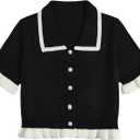 Women's Plus Size Contrast Trim Short Sleeve Lapel Collar Cardigan, Black, Large