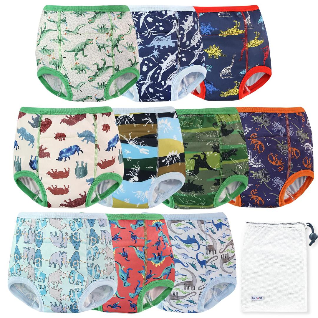 EZ Moms 10 Packs Reusable Potty Training Underwear for Boys Double Absorption Toddler Training Pants 3T-4T Boys High Waist Dinosaur Toddler Boy Underwear 4T Kid Confident Pee Pants with a Laundry Bag