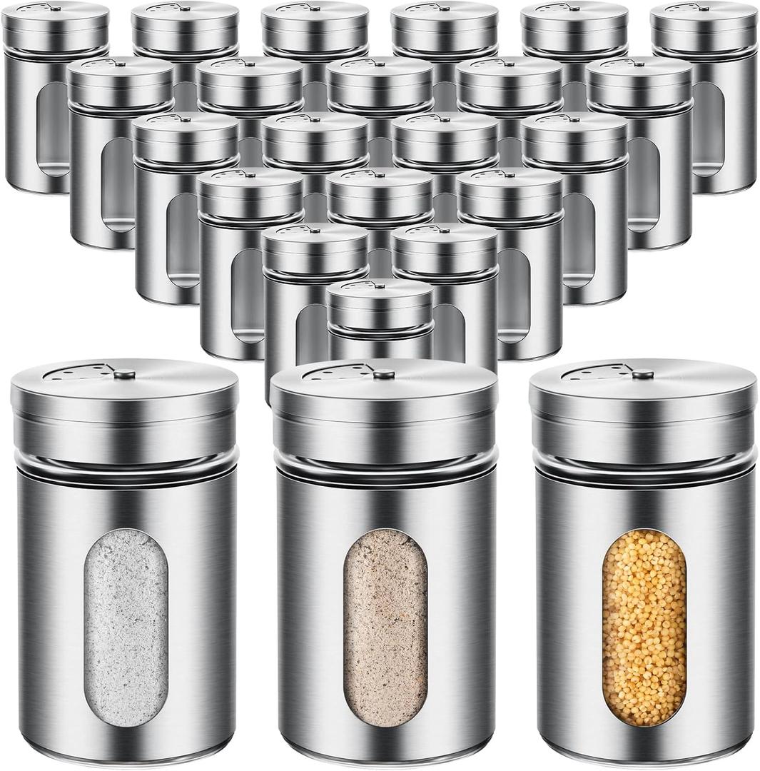 Dandat 24 Pcs Salt and Pepper Shakers Stainless Steel Spice Shakers with Adjustable Pour Holes and Glass Window 3.4oz Salt Dispenser Spice Jars with Rotating Lids for Sugar Seasoning Home