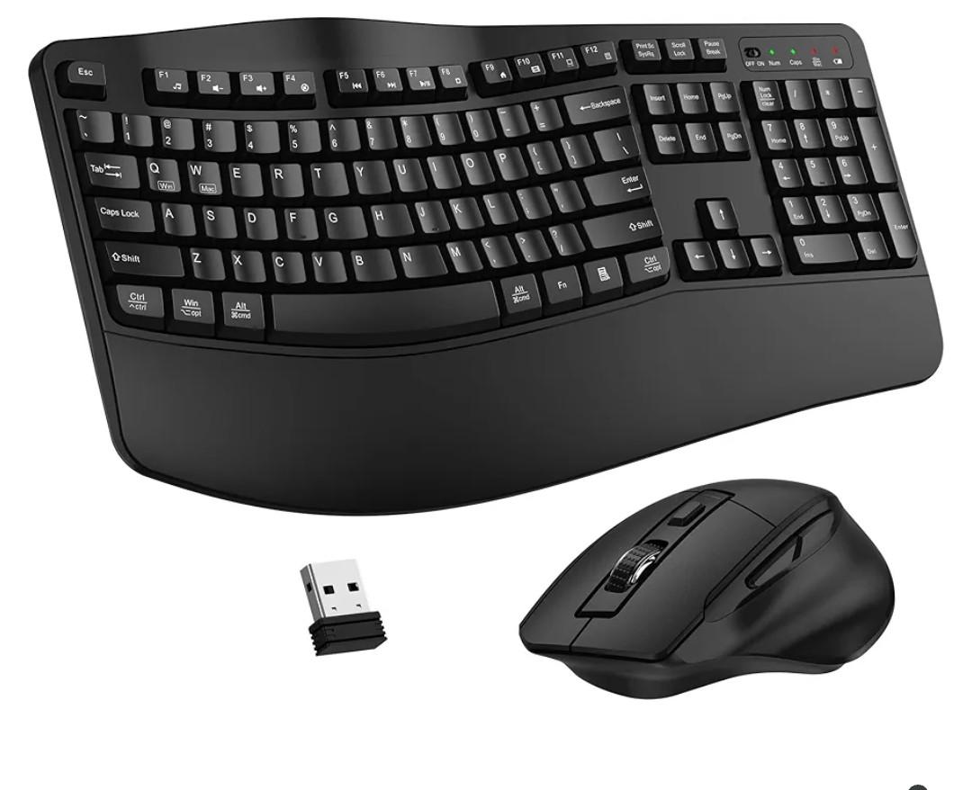 Keyboard and Mouse Combo, 2.4G Full Size Wave Keys Ergonomic Keyboard with Wrist Rest and 3-Level DPI Adjustable Wireless Ergonomic Mouse for Windows, Mac OS Desktop/Laptop/PC(Black)