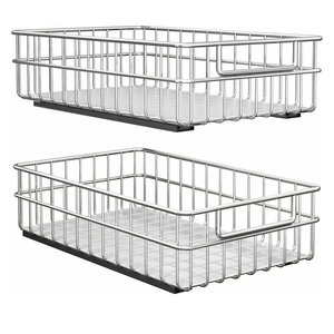 Pull out Cabinet Organizer, Stainless Steel 2-Pack Slide out Drawer with Silent Full-Extension Slides, Adhesive Roll out Can Spice Storage Basket Shelf Rack for Pantry, Kitchen, Bathroom, Home Closet