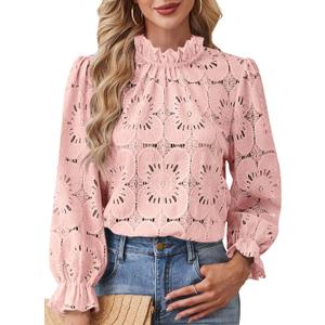 SOFIA'S CHOICE Women's Lace 3/4 Sleeve Shirts Crochet Eyelet Crew Neck Dressy Blouse Sheer Top (Pink, L)