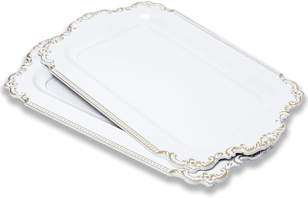 2 Pcs White Vintage Decorative Trays with Gold Rim, Serving Tray for Table Centerpiece Decor, Coffee Table, Living Room (Rectangle)