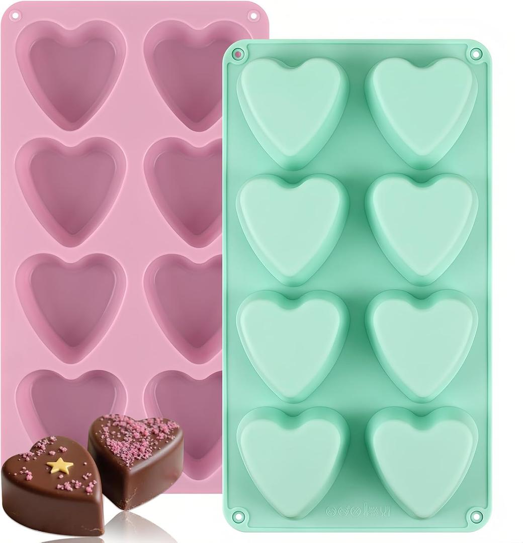 Sakolla 2 Pack 2.7″ Heart Chocolate Molds, 8 Cavity Silicone Soap Making Molds for Chocolate, Candy, Mousse, Cake Pop, Jelly, Pudding (Pink, Green)