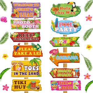 Sratte 24 Pcs Luau Party Welcome Sign Hawaiian Party Directional Signs Tropical Luau Party Decorations Luau Party Supplies Hawaiian Decorations with Alphabet Stickers for Summer Luau Party Photo Props
