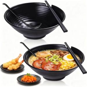 TEQKON (Set of 2) Unbreakable Japanese Style Ramen Bowl with Chopsticks Spoon & Dipping Bowl Saucers, Large Black Matte Melamine Bowls for Pho Thai Miso Udon Soup Noodles, Asian Food & Wonton