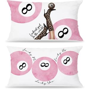 Trendy Preppy Pink Lucky 8 Ball Pillow Covers 18x18, Preppy Room Decor, Trendy Leopard Print 8 Ball Boots Decorative Throw Pillow Covers for Girls Bedroom Dorm Apartment, Set of 2