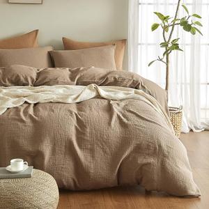 SE SOFTEXLY Muslin Duvet Cover Queen Size, 100% Washed Cotton Duvet Cover Set, Ultra Soft Comforter Cover Linen Like, 3 Pieces Minimalist Gauze Duvet Cover with 2 Pillowcases, 80"x90", Light Brown