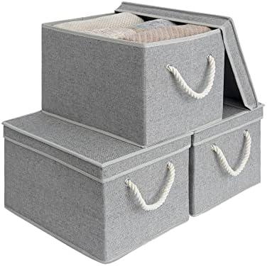 StorageWorks 32L Storage Bins with Lids, Decorative Boxes with Soft Rope Handles, Gray, Jumbo, 3-Pack