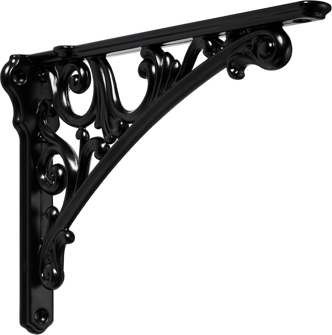 Khtumeware Shelf Bracket 10 Inch, Decorative Brackets for Shelving, Heavy Duty Vintage Ornate Shelf Bracket, Hardware Included, 4 Pack, Black Finish, 9.84x7x1.73 inch