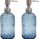 SDlumeiy 16 oz Diamond Pattern Glass Soap Dispenser, Kitchen and Bathroom Refillable Soap Dispenser with Rust Resistant Stainless Steel Pump for Hand Soap, Lotion Glass Liquid Dispenser(Blue - 2 Pack)
