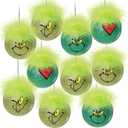 Christmas Decorations Indoor, 10pcs Cute Whimsical Christmas Tree Balls Ornaments with Fuzzy Green Hair, Glitter Hanging Christmas Balls for Xmas Tree Crafts Fireplaces Home School Office Decor