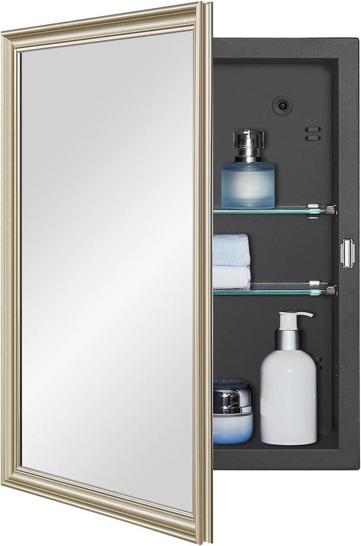 IDYLLOR Black Medicine Cabinet with 14x18 Inch Gold Frame Mirrored Door, Wall Mounted Storage, Recessed or Surface Mount, 2 Adjustable Glass Shelves, Vanity Organizer for Bathroom, Bedroom, Hallway
