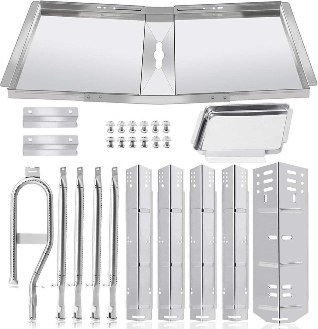 Criditpid Grill Replacement Parts for Dyna Glo 5 Burner DGH474CRP, DGH485CRP, DGH483CRP, 4 Burner DGH450CRP, 24"-30" Adjustable Grease Tray Drip Pan and Grill Heat Plats Kit for Dyna-glo Grill Parts