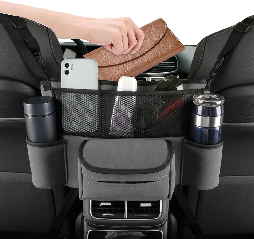 Leather Car Purse Holder Between Front Seats, Auto Seat Organizer with Net Storage Pocket, Handbag Holder for Vehicle Center Console. Grey